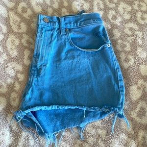 High waisted blue denim shorts